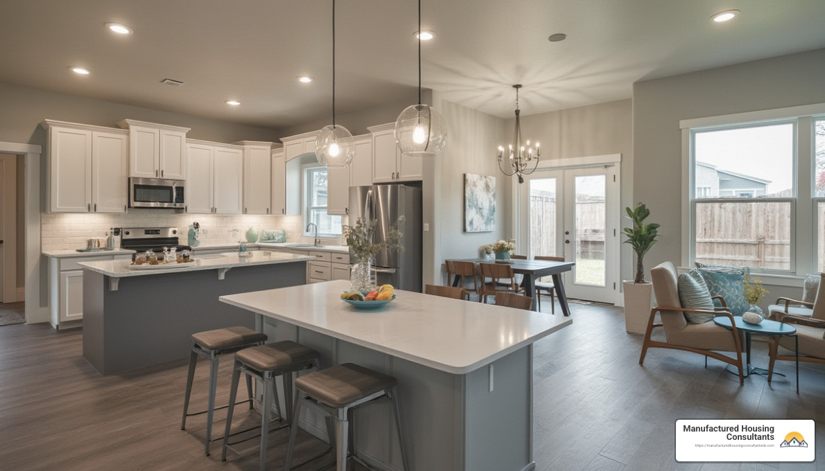 modular home open-concept living area with kitchen island and flex office space - Modular home floor plans