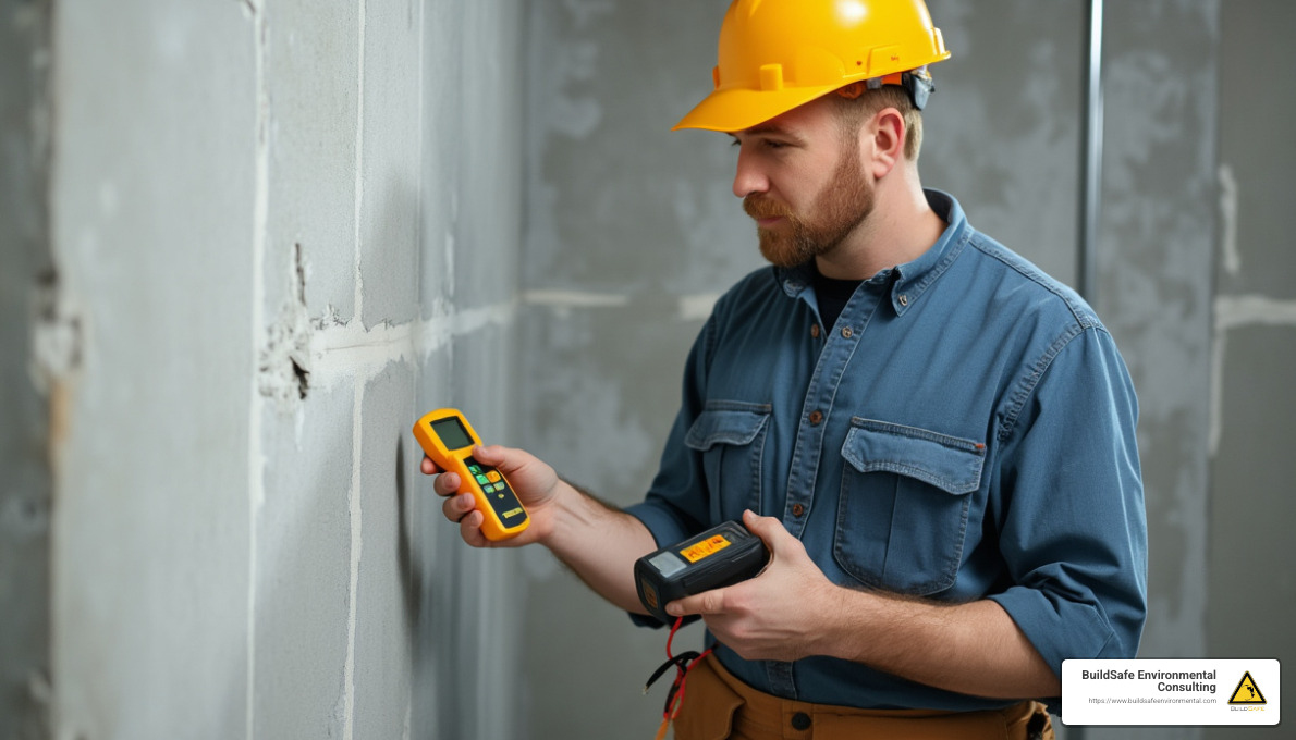 Image: Inspector using a moisture meter on a basement wall. - free mold inspection denver