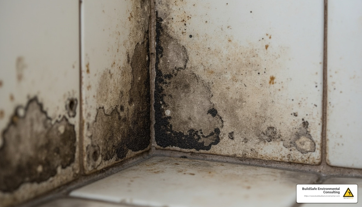 Image: Black mold patch in a Denver bathroom corner. - free mold inspection denver