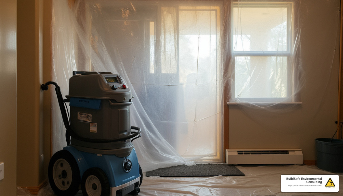 Image: Containment setup with plastic sheeting and air scrubber in a Denver home. - free mold inspection denver