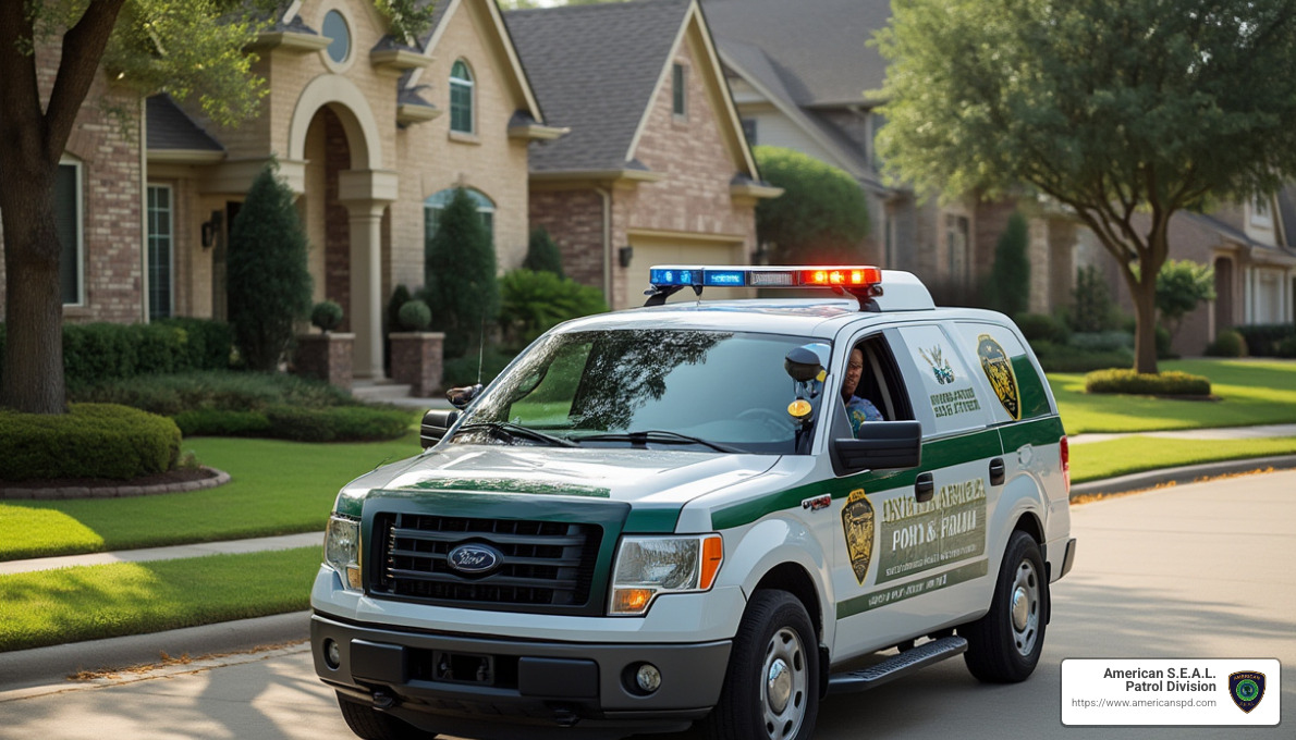 Security patrol vehicle in residential neighborhood - Houston private security company