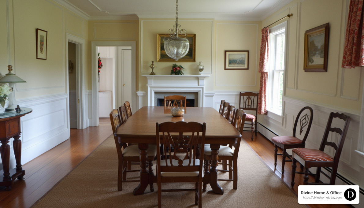 colonial dining room with chair rail and traditional table - custom traditional colonial style interior