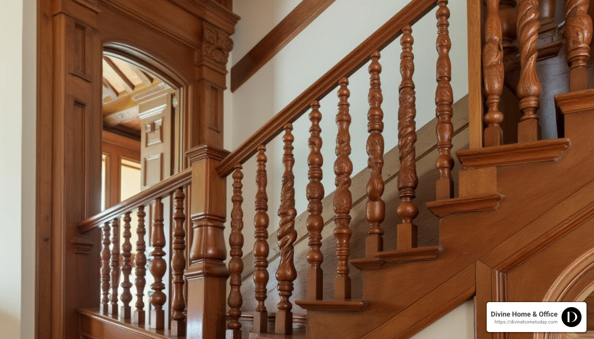 detailed colonial staircase with carved balusters - custom traditional colonial style interior