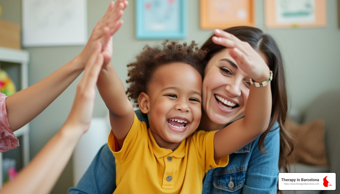 child and parent celebrating progress in therapy - Child cognitive behavioral therapy child and parent celebrating progress in therapy - Child cognitive behavioral therapy
