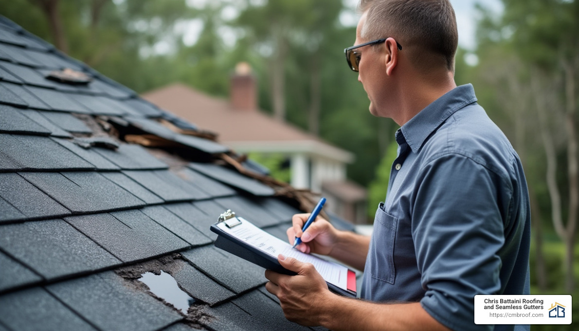 insurance adjuster inspecting roof damage - asphalt roof replacement