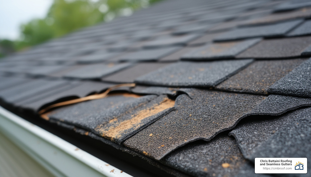 damaged asphalt shingles showing curling and granule loss - asphalt roof replacement