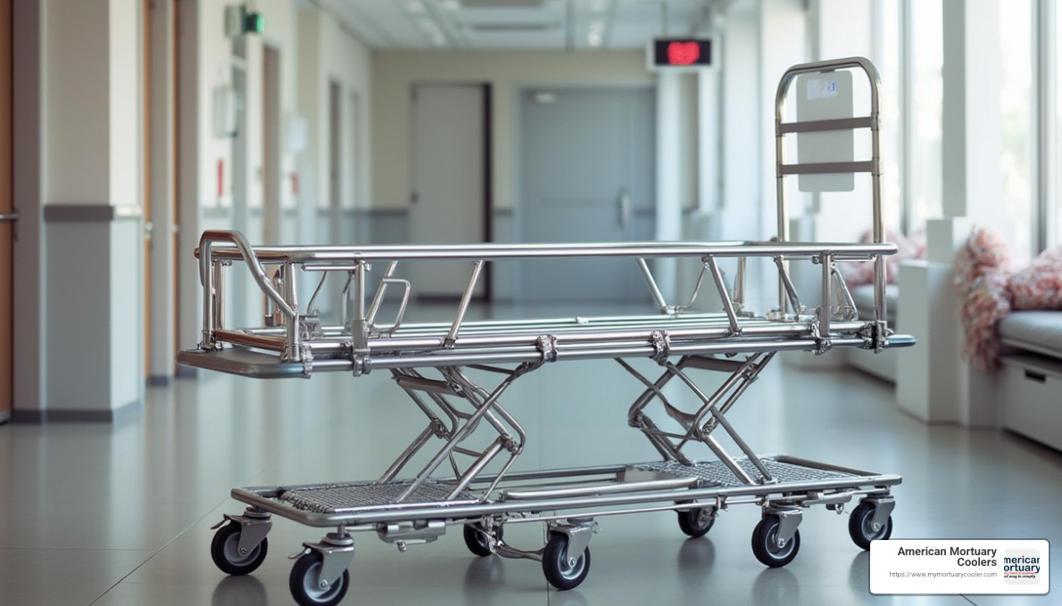 Foldable mortuary trolley in collapsed and expanded positions - mortuary trolley for sale