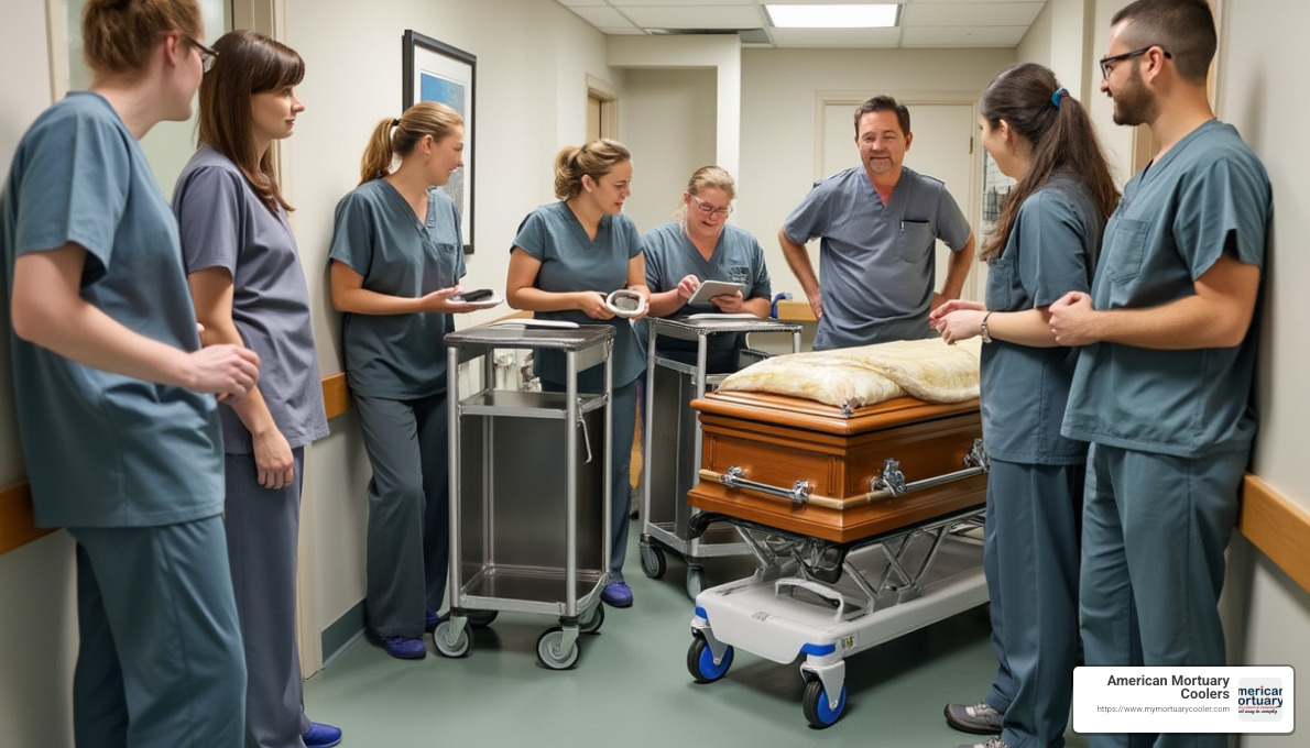 Mortuary professionals evaluating different trolley models - mortuary trolley for sale