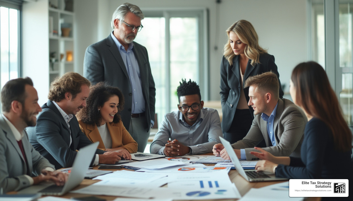 Tax strategy planning session with business owners and tax advisors collaborating on growth plans - business tax advisory services Tax strategy planning session with business owners and tax advisors collaborating on growth plans - business tax advisory services
