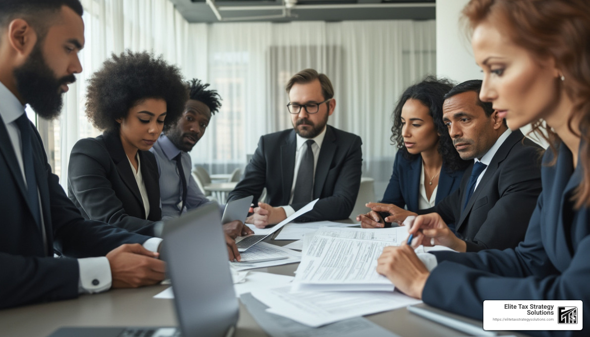 Tax audit defense team reviewing documentation and preparing response strategy - business tax advisory services Tax audit defense team reviewing documentation and preparing response strategy - business tax advisory services
