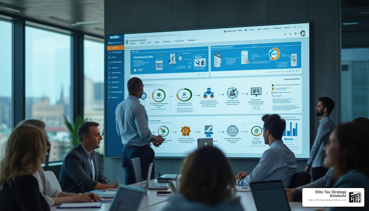 Cloud-based tax compliance platform showing automated workflows, document management, and real-time status tracking - business tax advisory services Cloud-based tax compliance platform showing automated workflows, document management, and real-time status tracking - business tax advisory services