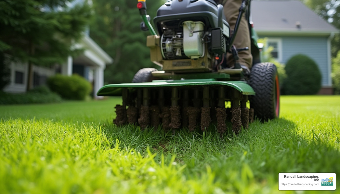 core aeration machine working on a lawn - Methuen landscape maintenance