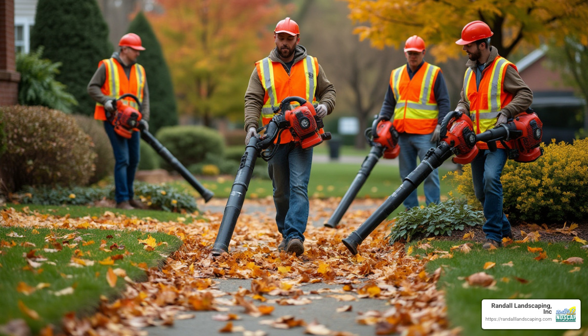 fall cleanup crew working with leaf blowers - Methuen landscape maintenance