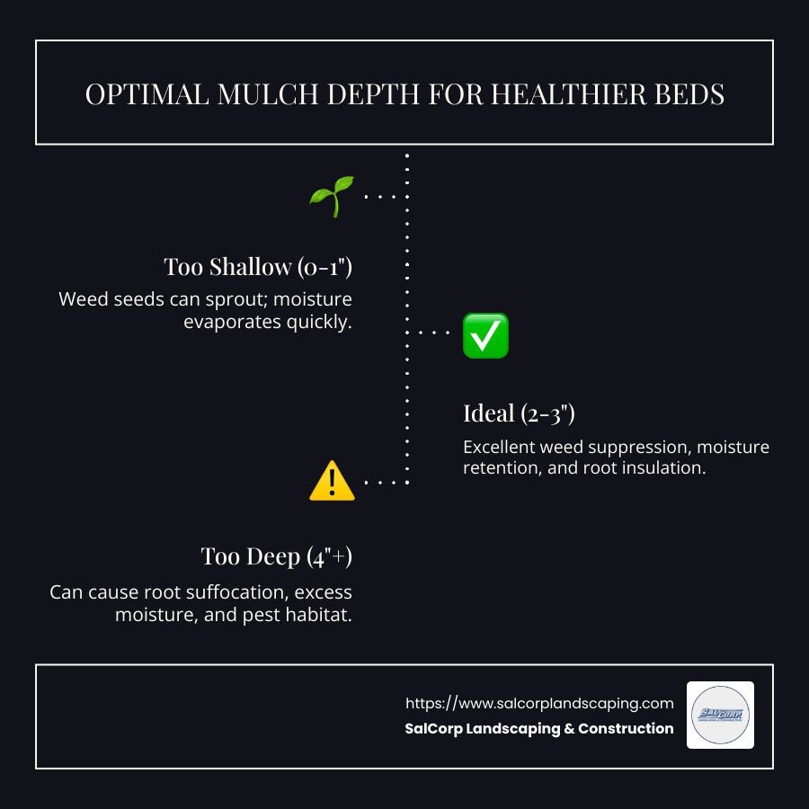 Infographic showing optimal mulch depth for different purposes - weed control, moisture retention, and temperature regulation - with visual comparisons of too shallow, ideal, and too deep applications - bulk mulch delivery infographic infographic-line-3-steps-dark