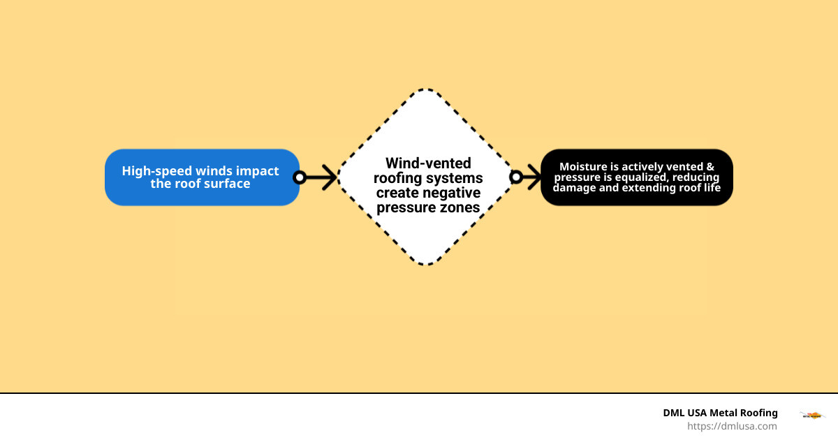 Diagram showing how wind vented roof systems work with airflow patterns - Advanced roofing solutions infographic flowmap_simple