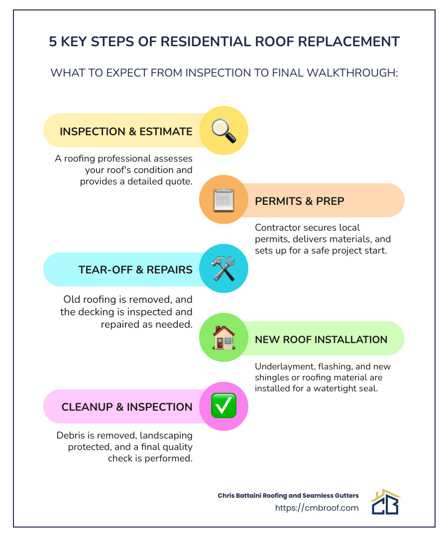 one-day vs multi-day roof replacement schedule showing factors that influence timeline - residential roof replacement near me infographic infographic-line-5-steps-colors