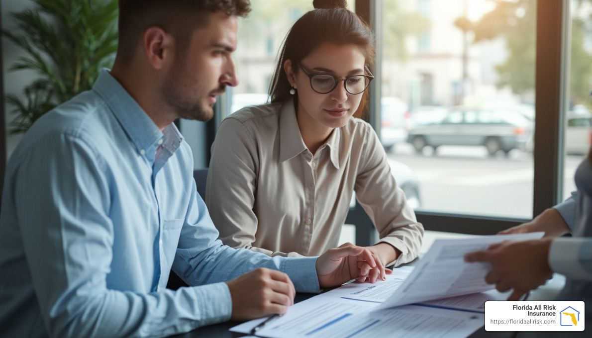 business owner reviewing insurance policy with agent - commercial liability insurance for small business
