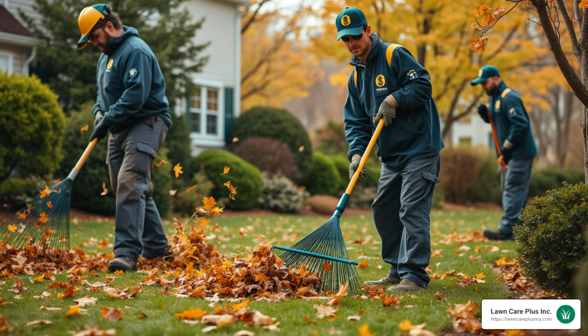 Professional crew performing fall cleanup in Hyde Park - hyde park ma landscaping