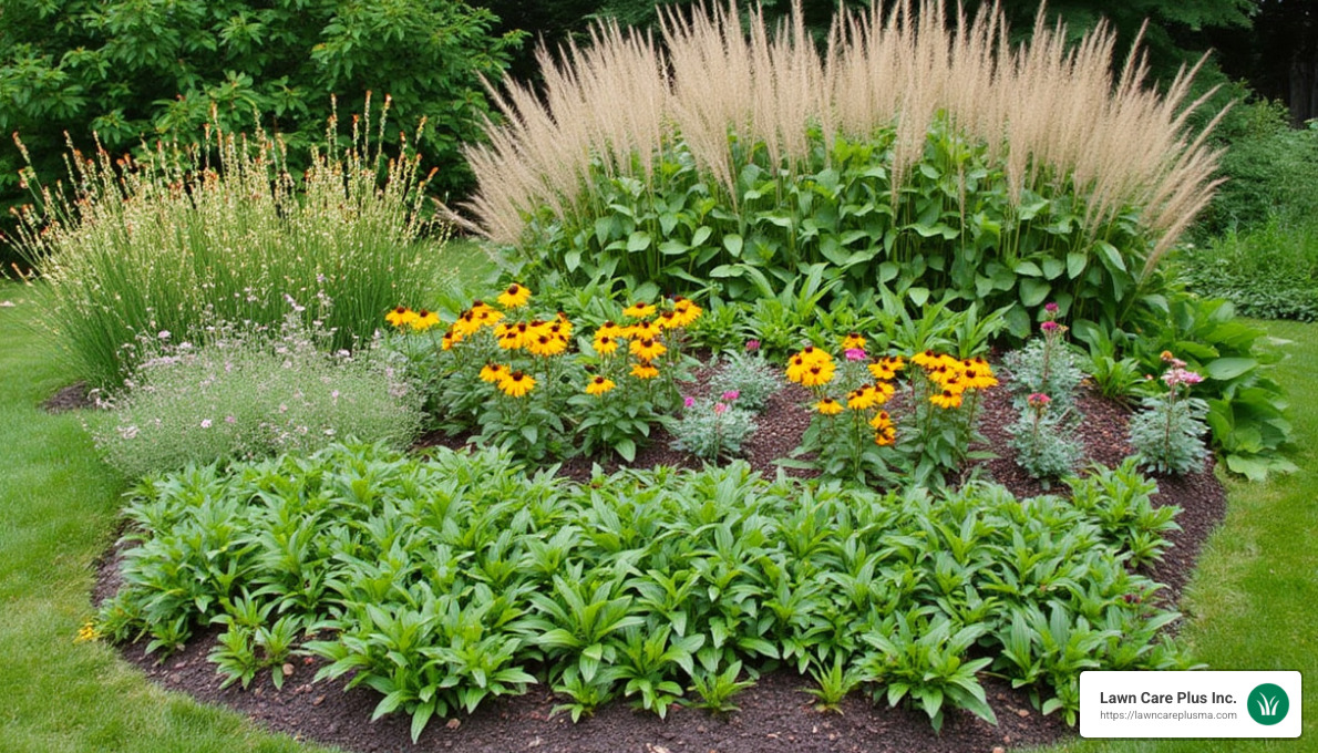 Layered garden bed with native plants in Hyde Park - hyde park ma landscaping
