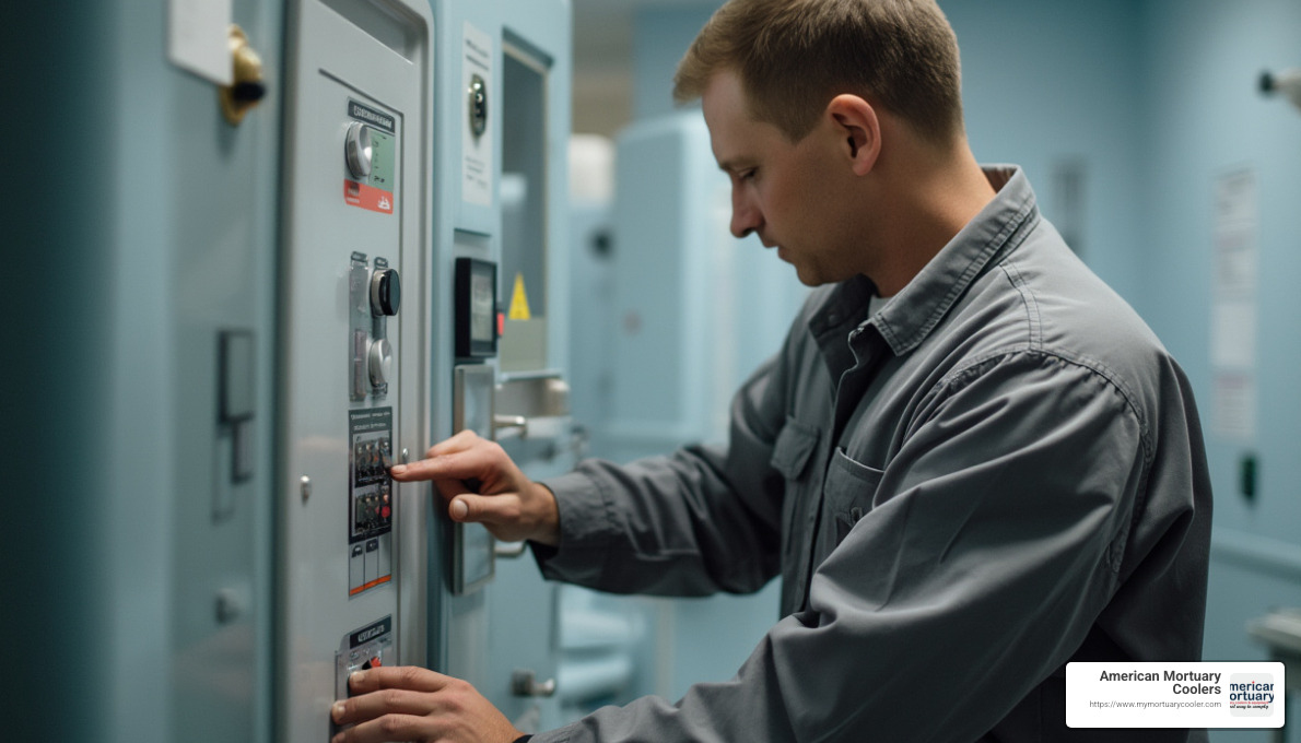 technician inspecting used mortuary lift controls - used mortuary lifts
