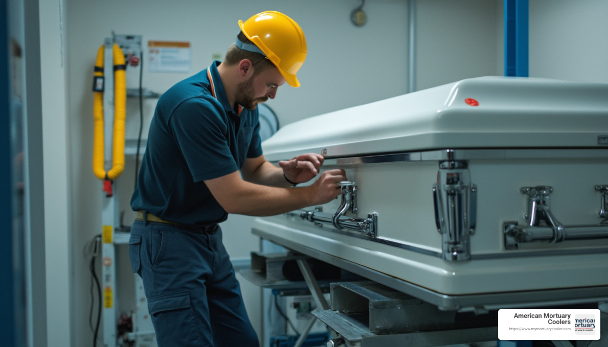 technician performing maintenance on mortuary lift - used mortuary lifts