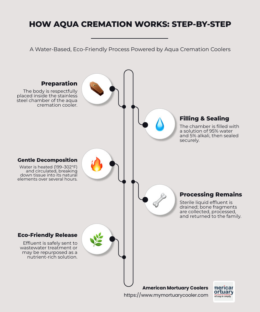 Diagram showing the aqua cremation process with water, alkali, and temperature controls, including the input chamber, circulation system, and collection of remains - aqua cremation coolers infographic infographic-line-5-steps-neat_beige