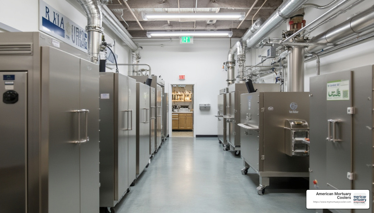 Modern aqua cremation facility with American Mortuary Coolers equipment - aqua cremation coolers