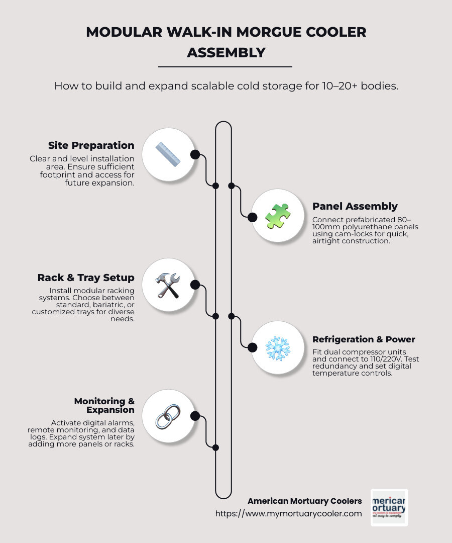 Diagram showing modular walk-in cooler assembly with expandable panels - body fridge morgue infographic infographic-line-5-steps-neat_beige