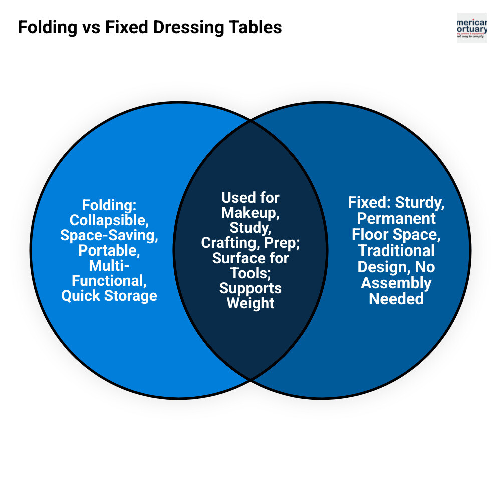 Comparison of folding vs. fixed dressing tables showing space requirements, weight capacity, materials, and typical use cases for both home and professional settings - dressing table folding infographic venn_diagram