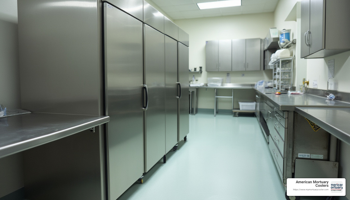 American 3-Body Upright Mortuary Cooler in prep room - mortuary cooler