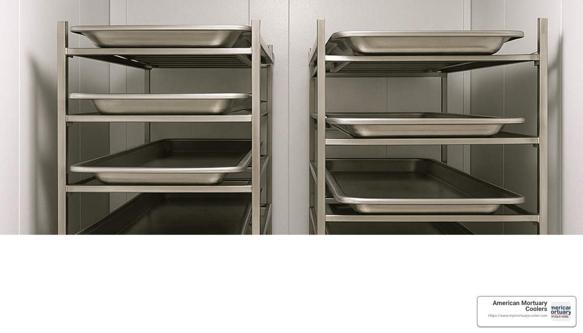 Roll-in racks loaded in mortuary cooler - mortuary cooler