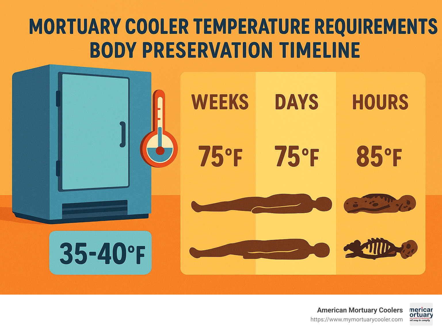 Mortuary cooler temperature requirements and body preservation timeline showing decomposition rates at different temperatures - mortuary cooler infographic 