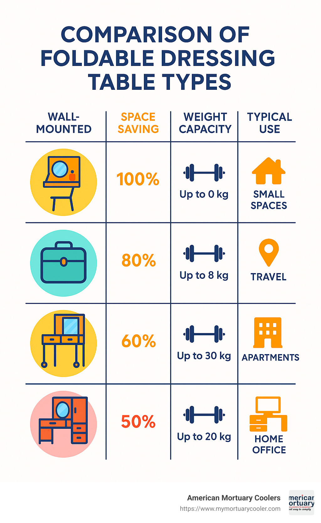 Comparison of foldable dressing table types showing wall-mounted, portable, wheeled, and retractable models with their space-saving percentages, weight capacities, and typical use cases - foldable dressing table infographic 