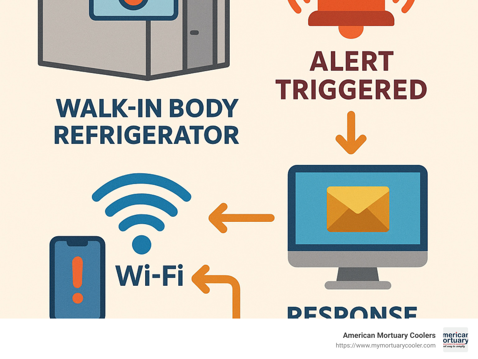 Alarm system workflow diagram showing temperature monitoring, alert triggers, notification pathways, and response protocols for walk-in body refrigerators - walk in body refrigerator infographic 
