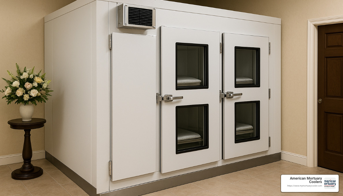 Completed walk-in body refrigerator installation in funeral home - walk in body refrigerator