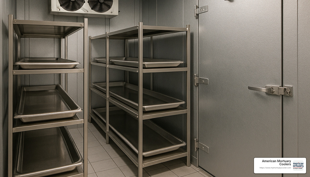 walk-in mortuary cooler with racks installed - 10 x 12 Mortuary Cooler