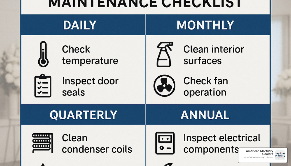 Maintenance checklist for 3 Body Mortuary Cooler showing daily, monthly, quarterly and annual tasks - 3 Body Mortuary Cooler