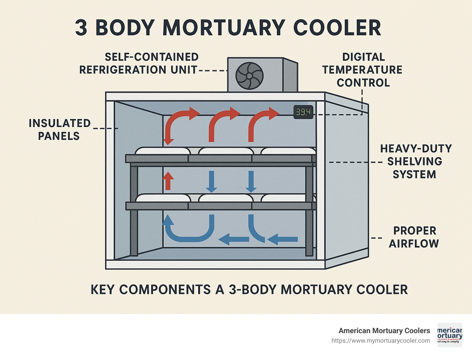 Diagram showing the key components of a 3 Body Mortuary Cooler including self-contained refrigeration unit, digital temperature control, heavy-duty shelving system, insulated panels, and proper airflow circulation patterns - 3 Body Mortuary Cooler infographic 