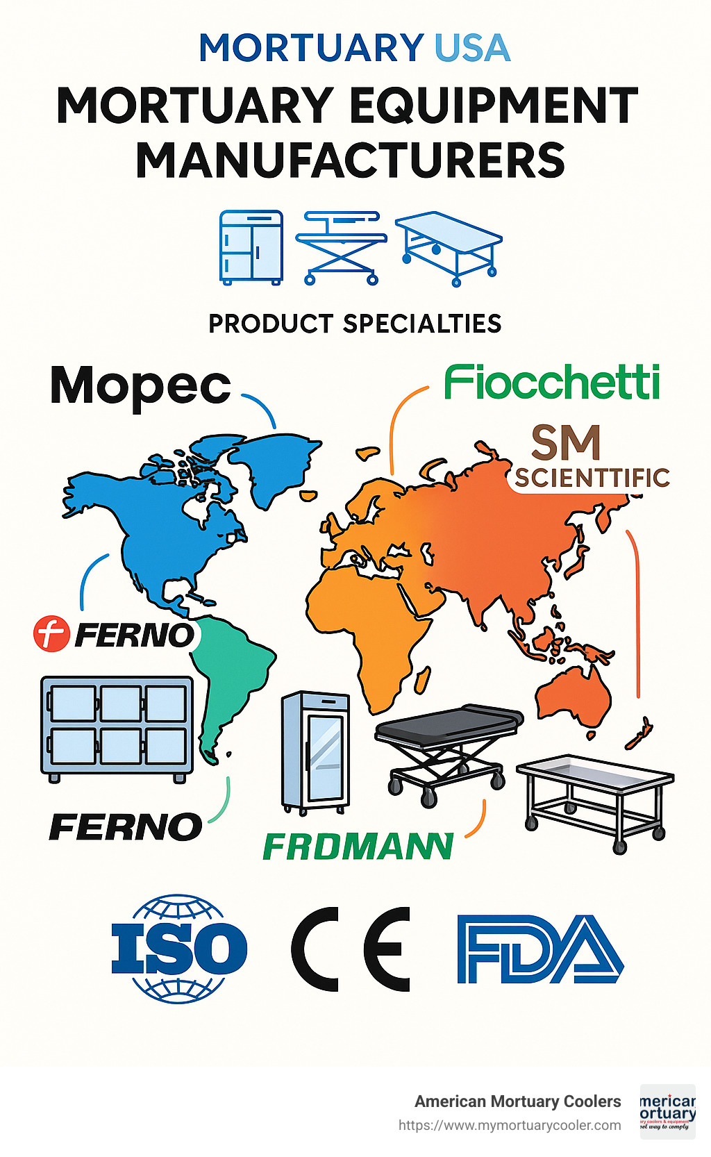 Comprehensive diagram showing the major mortuary equipment manufacturers, their geographical distribution, product specialties, and key certifications including ISO, CE, and FDA approvals - mortuary equipment manufacturers infographic 