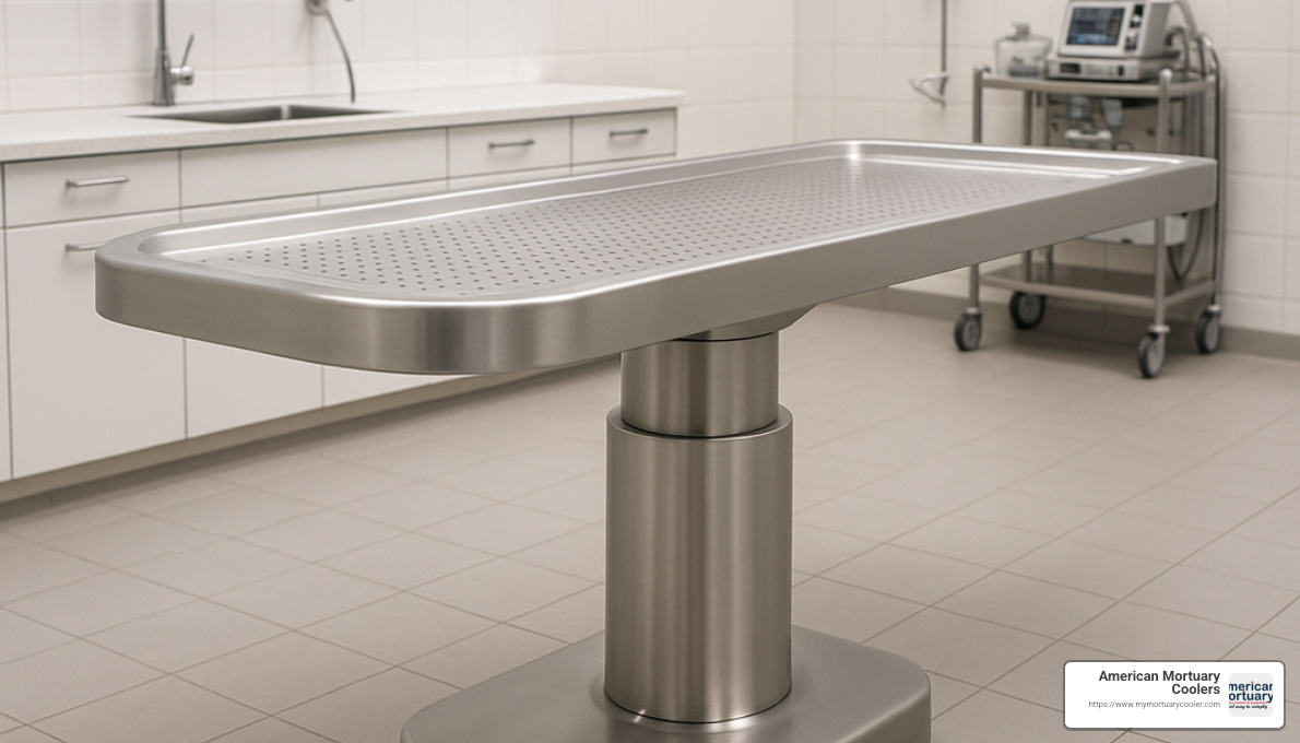 Adjustable height pedestal autopsy table - autopsy table