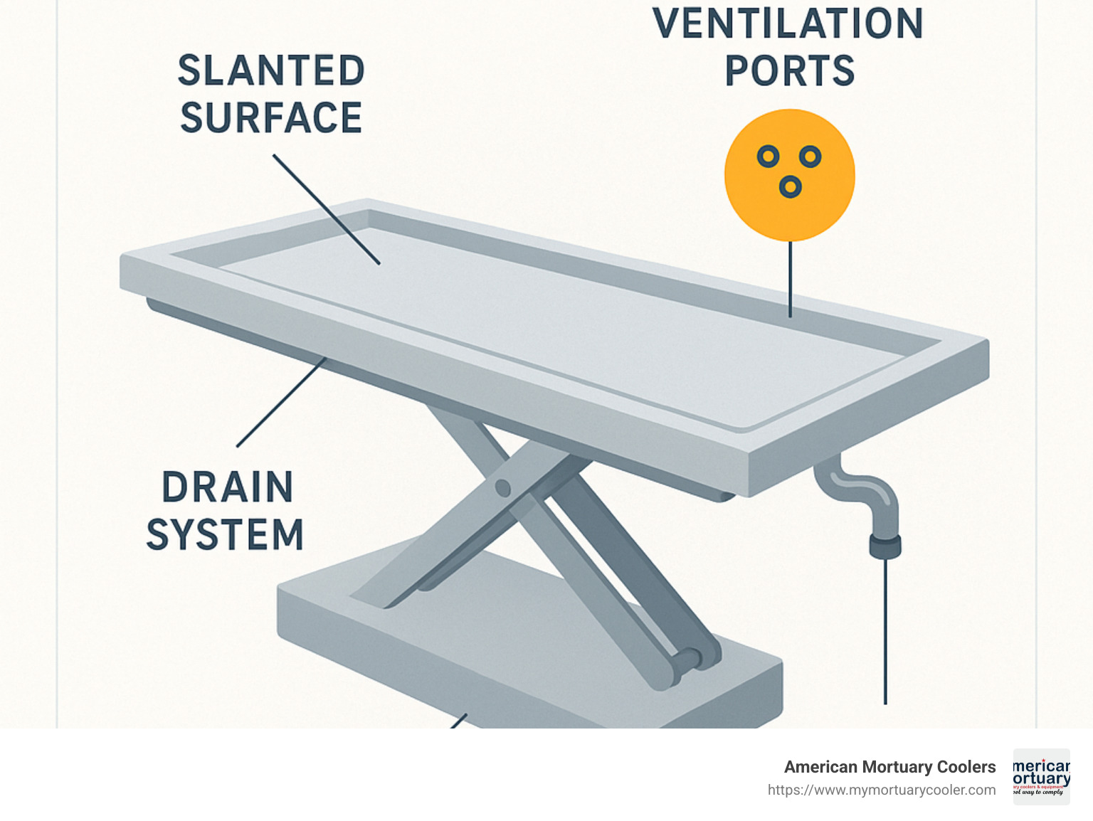 Detailed anatomy of an autopsy table showing slanted surface, drain system, height adjustment mechanism, ventilation ports, and material specifications - autopsy table infographic 