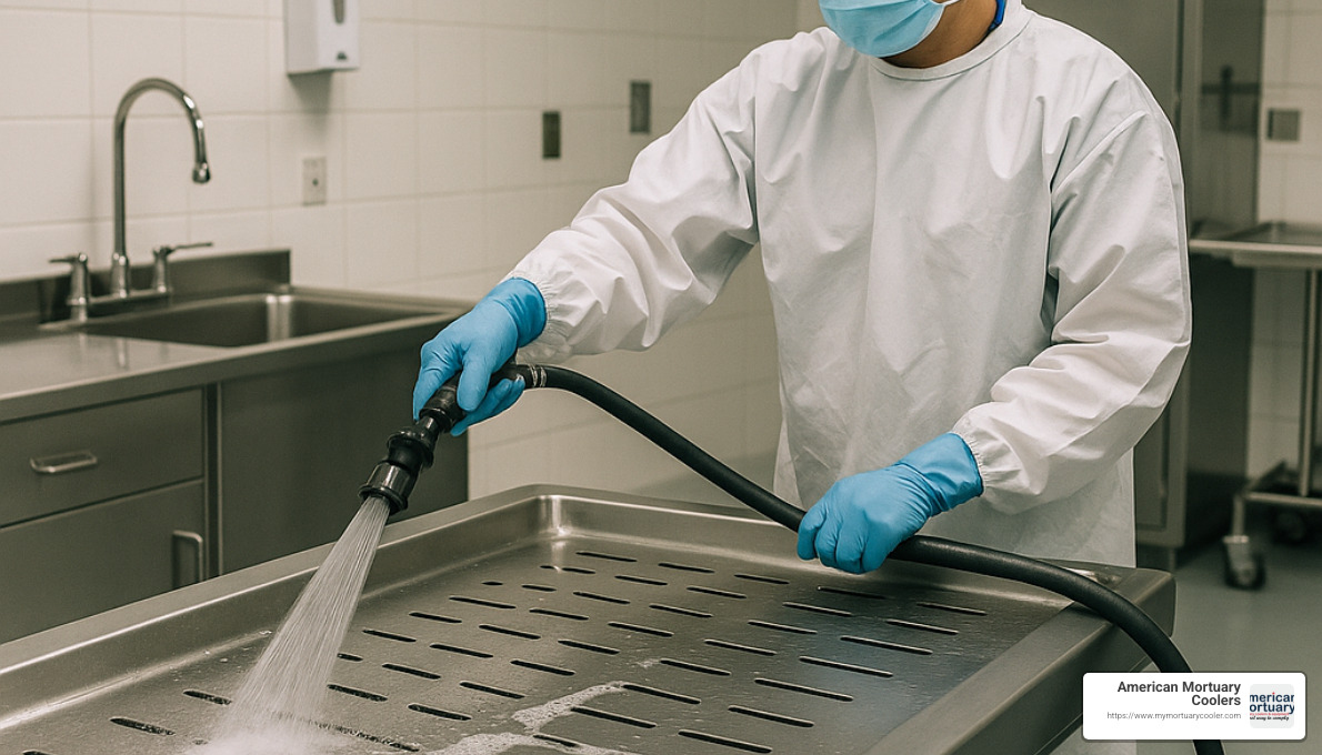 Autopsy table being cleaned with spray hose - autopsy table