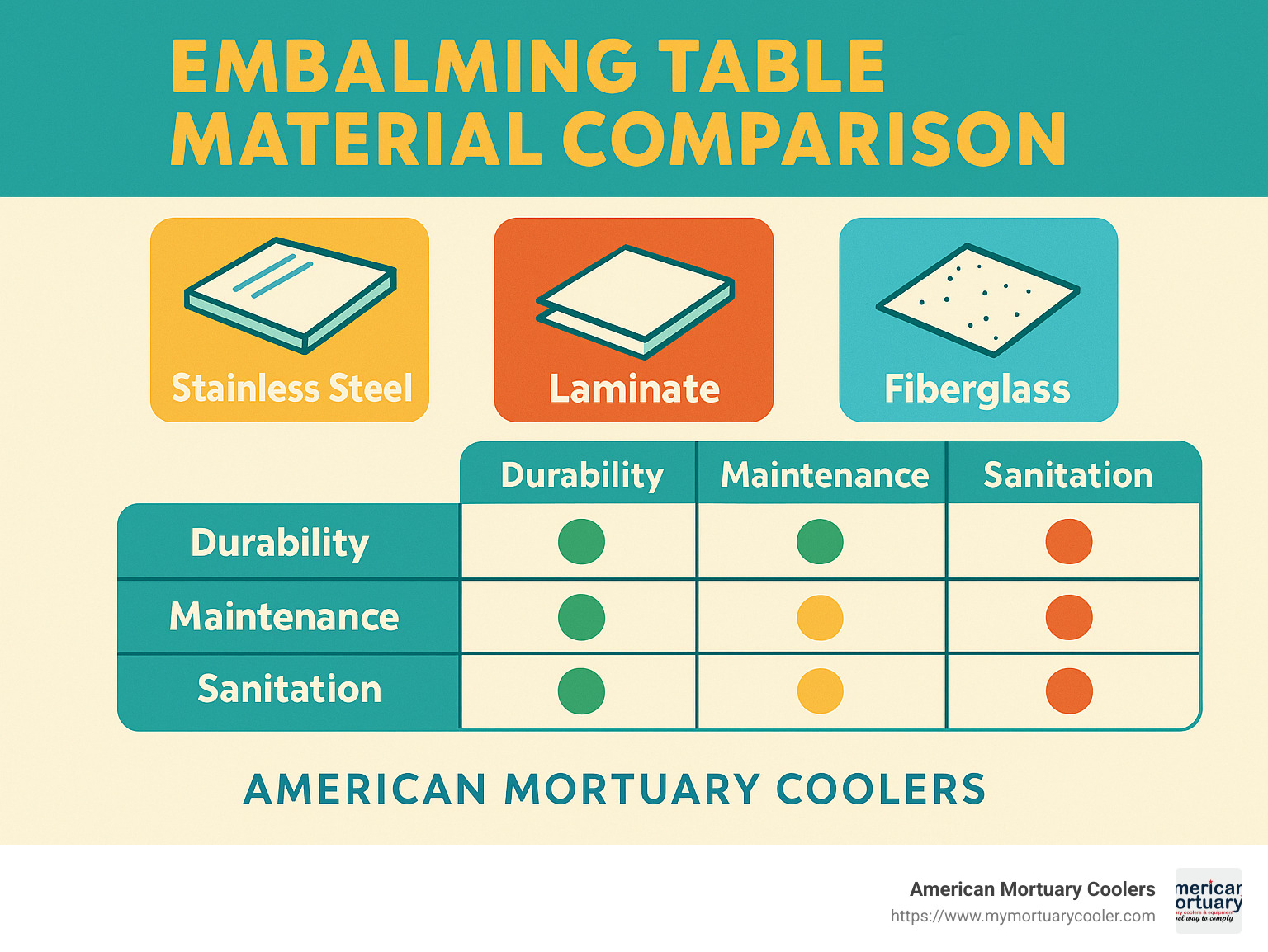 Comparison chart of different embalming table materials showing durability, maintenance requirements, and sanitation properties of stainless steel, laminate, and fiberglass - embalming and preparation table infographic 