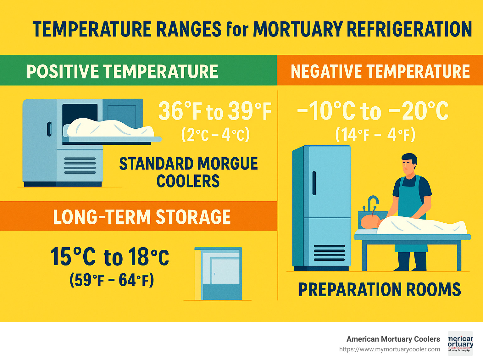 Temperature ranges for different types of mortuary refrigeration with detailed explanation of preservation timeframes and applications - temperature of morgue cooler infographic 