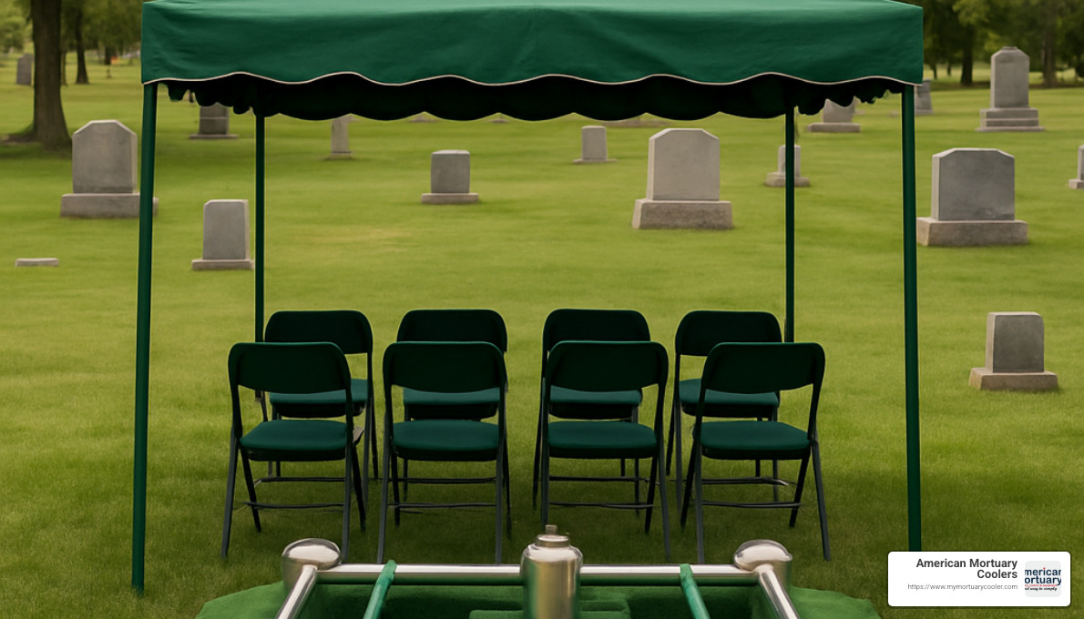 graveside setup with tent, chairs, and lowering device for urn burial - cremation urns and vaults