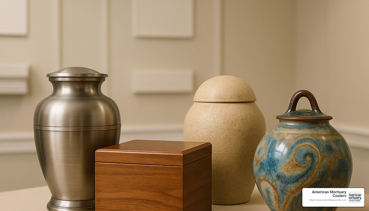 various cremation urn designs including traditional vase, wooden box, biodegradable, and artistic models - cremation urns and vaults