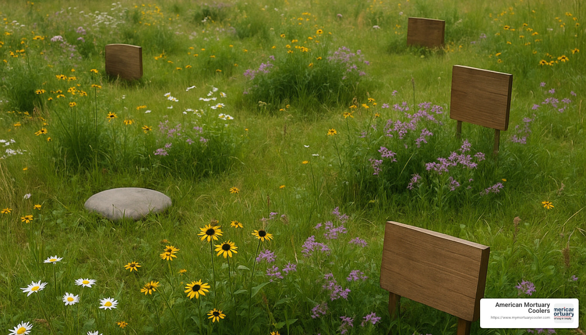 green burial meadow with natural markers instead of traditional headstones - cremation urns and vaults