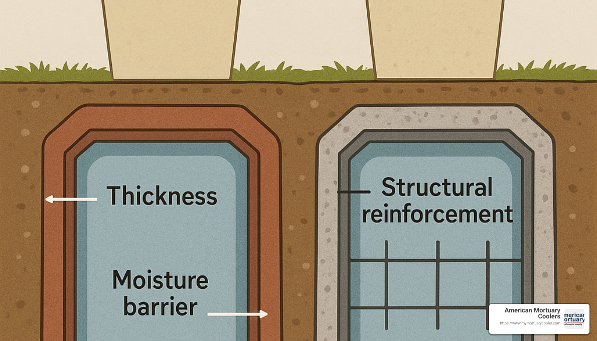 comparison of polymer vault and concrete vault cross-sections showing protective features - cremation urns and vaults