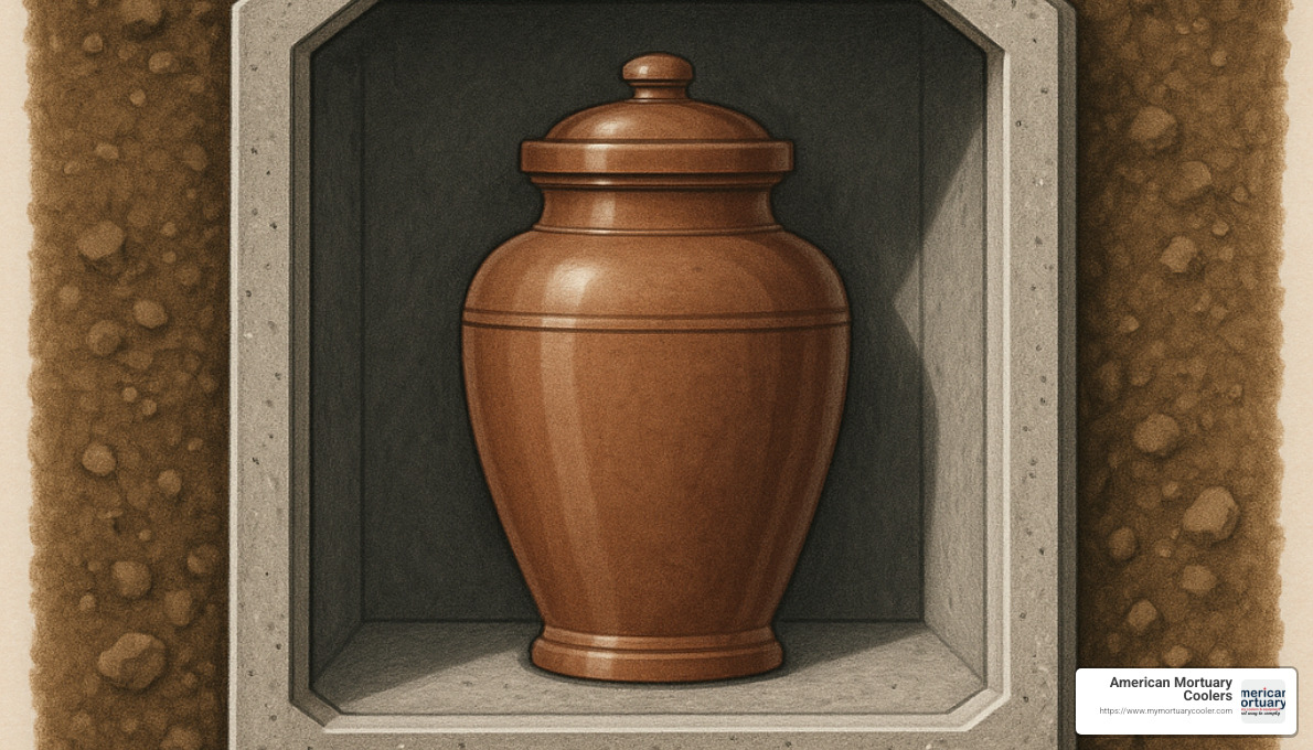 cross section of an urn vault showing protective layers and an urn inside - cremation urns and vaults