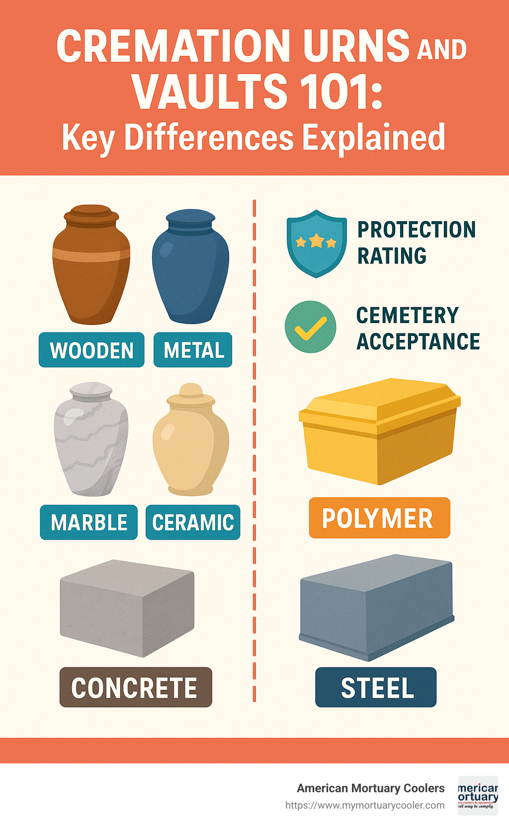 Comparison chart showing cremation urn types on left (wooden, metal, marble, ceramic) and corresponding vault types on right (polymer, concrete, steel) with protection ratings and cemetery acceptance information - cremation urns and vaults infographic 